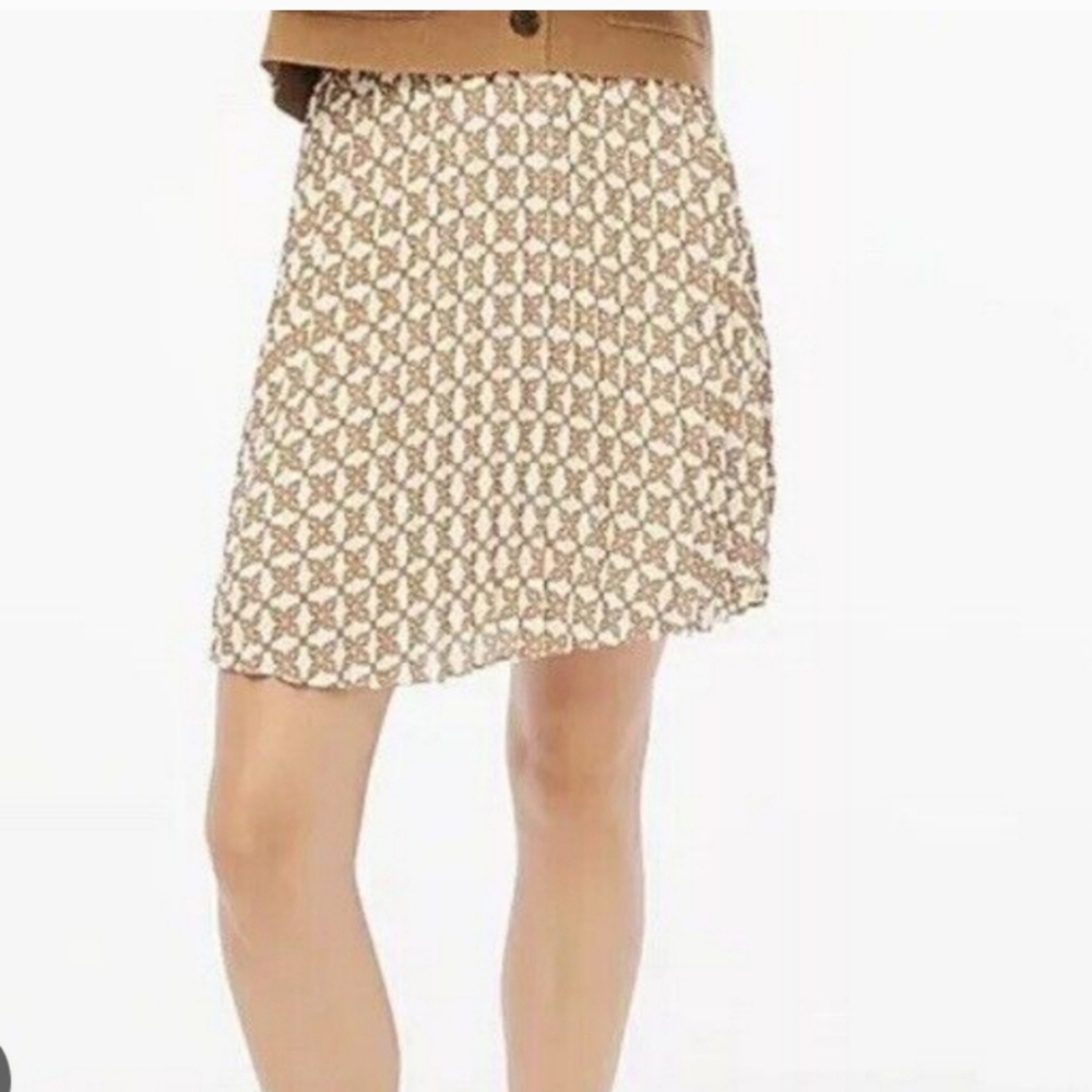 J Crew Factory Accordion Pleated Mini Skirt Brown Cream CC845 Size 14